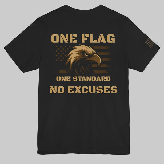 Back of black ‘One Flag One Standard No Excuses’ t-shirt with bronze eagle and American flag graphic on a white background.
