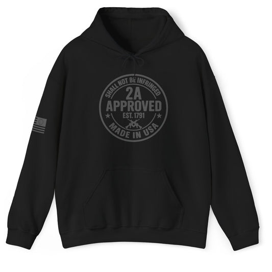 Black unisex pullover hoodie with circular ‘2A Approved’ chest logo on a white background