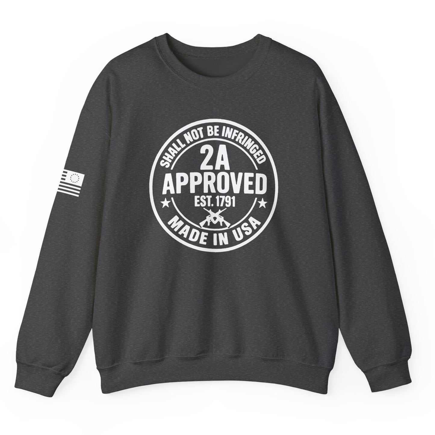 Heather grey crewneck sweatshirt with white 2A Approved Shall Not Be Infringed Made in USA design and sleeve flag detail on white background