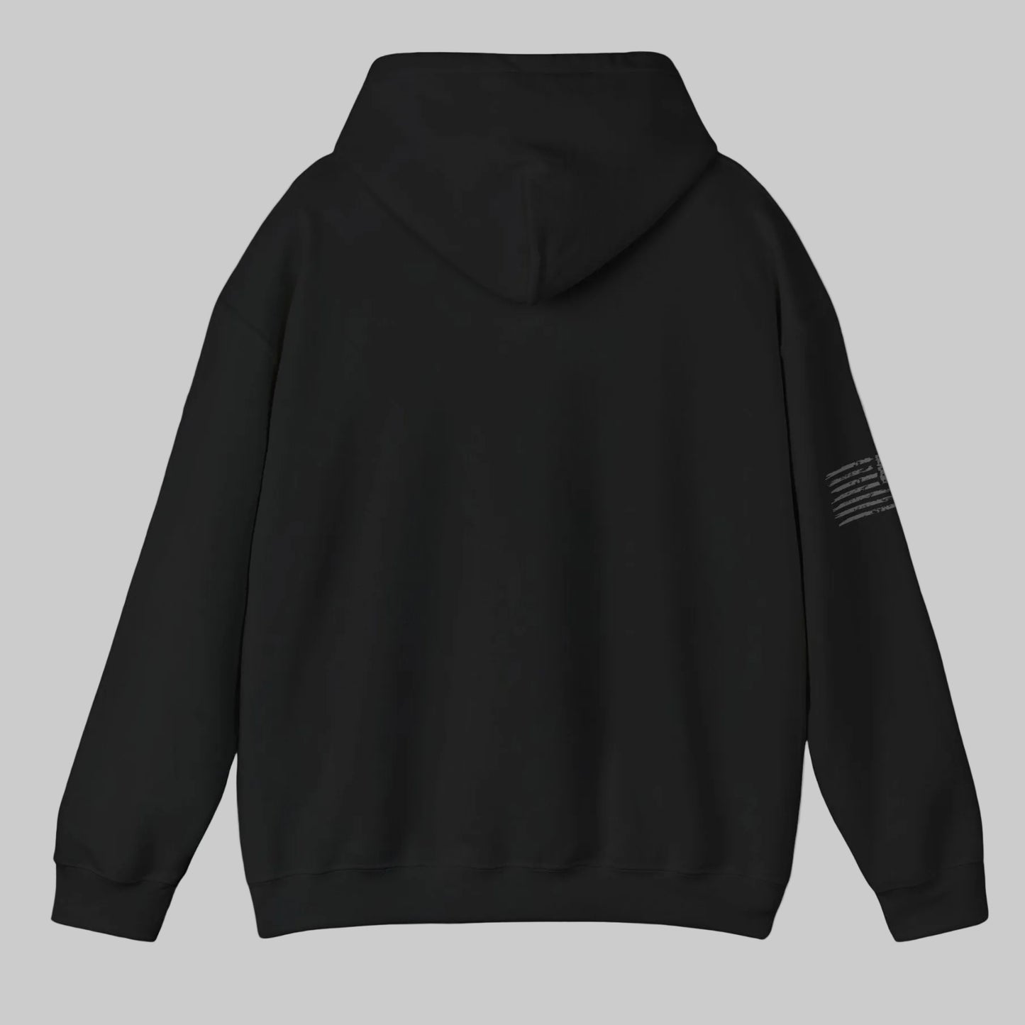 Back view of black pullover hoodie on white background with American flag sleeve print.