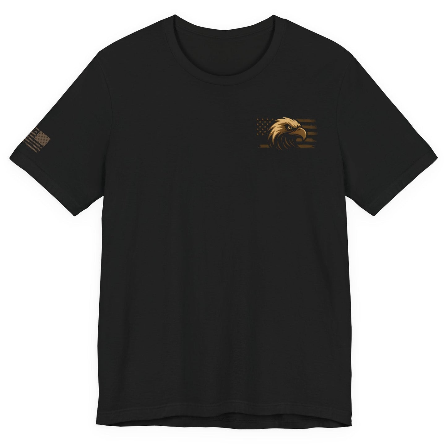 Front of black ‘One Flag One Standard No Excuses’ t-shirt with small bronze eagle and American flag chest print on a white background.