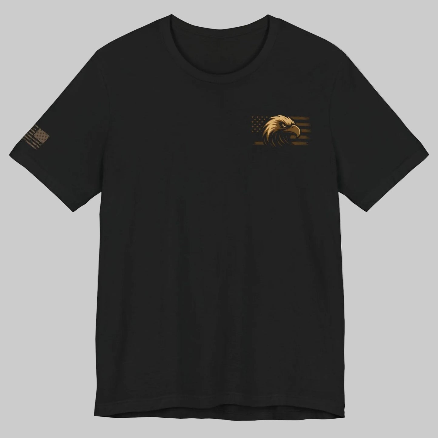 Front of black ‘One Flag One Standard No Excuses’ t-shirt with small bronze eagle and American flag chest print on a white background.