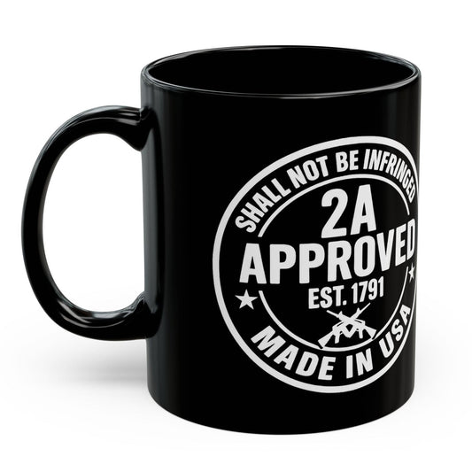 Black ceramic mug with “2A Approved” white design on a white background