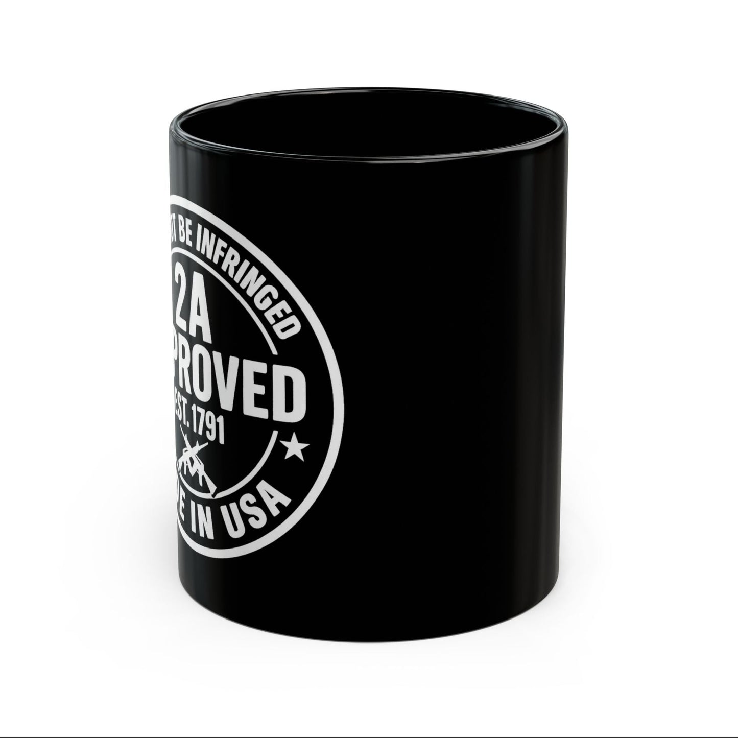 Back/handle detail of black ceramic mug with “2A Approved” white design on a white background