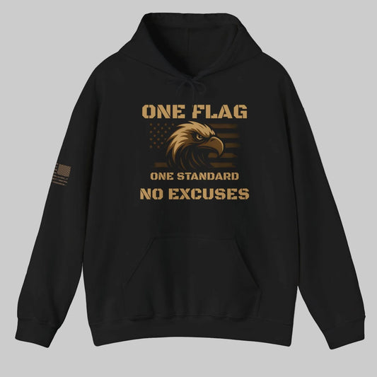 Black ‘One Flag One Standard No Excuses’ hoodie with bronze eagle and American flag graphic on a grey background.