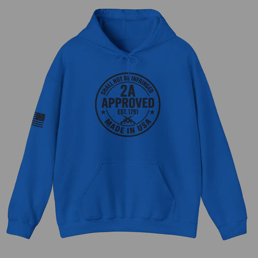 Blue unisex pullover hoodie with circular ‘2A Approved’ chest logo on a grey background.