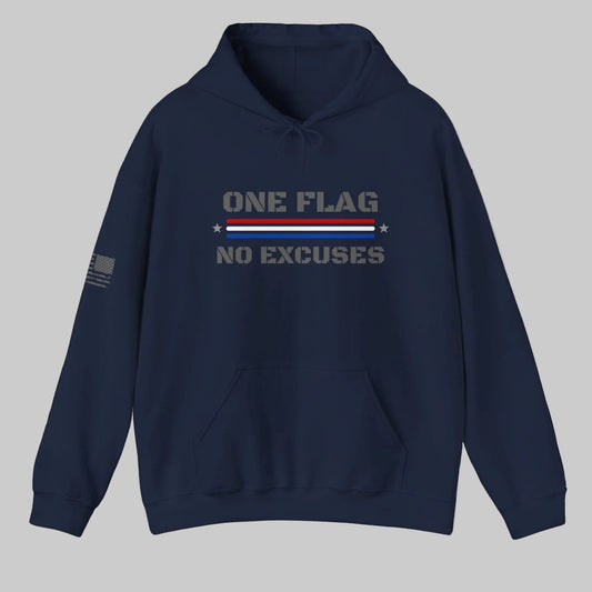 Navy blue hoodie with ‘One Flag No Excuses’ text and distressed red, white, and blue flag stripe across the chest, shown on a white background