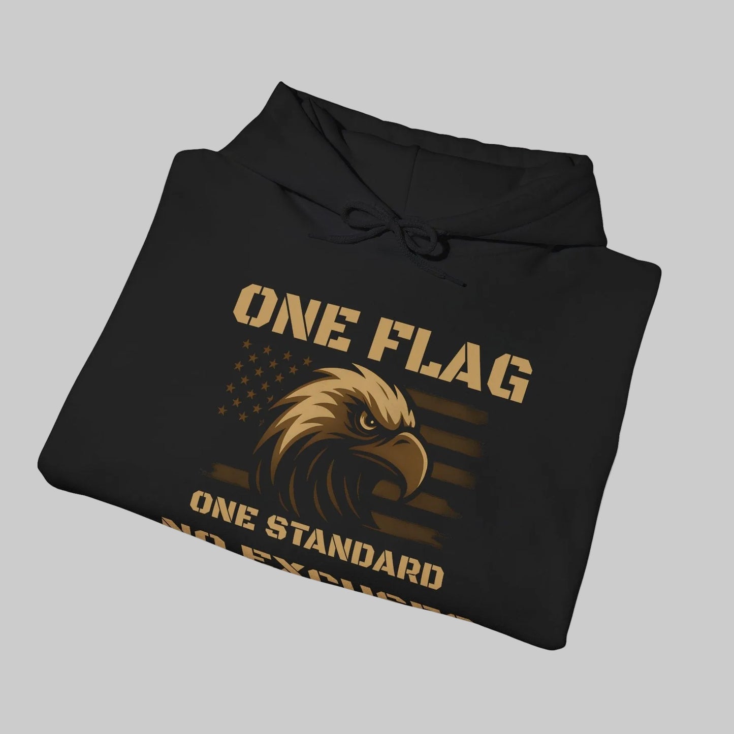 Folded black ‘One Flag One Standard No Excuses’ hoodie with bronze eagle and American flag graphic on the chest, on a white background.