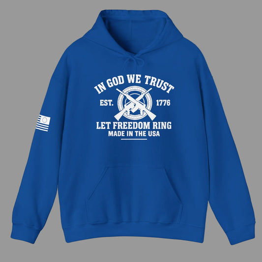 Unisex royal blue hoodie with “In God We Trust 1776 Let Freedom Ring” graphic and crossed rifles, front view, flat mockup
