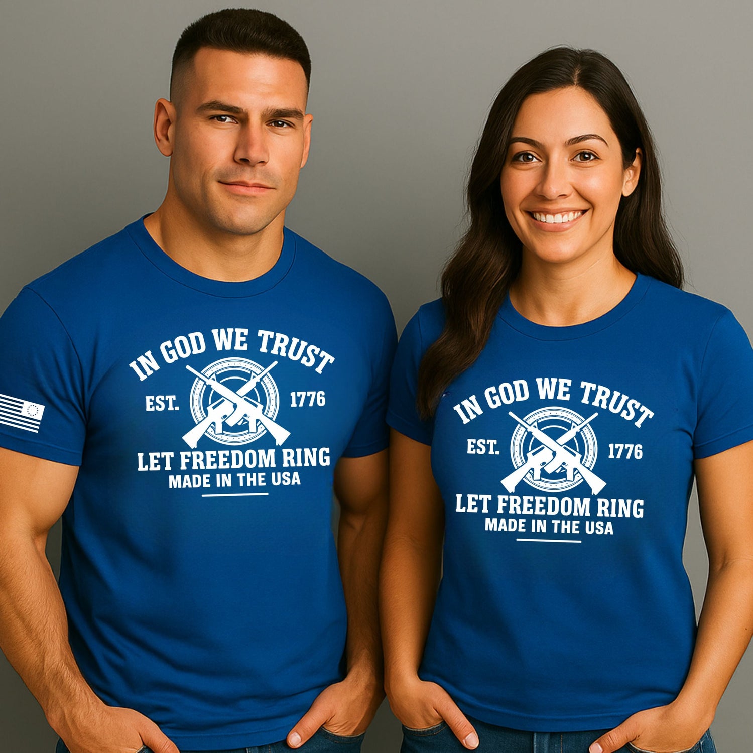 Man and woman wearing royal-blue 1776 T-shirts, front view