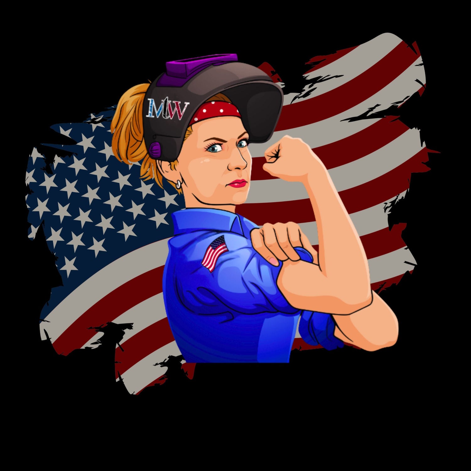 Mary the Welder ‘MW’ Rosie-style welder avatar flexing arm on black background