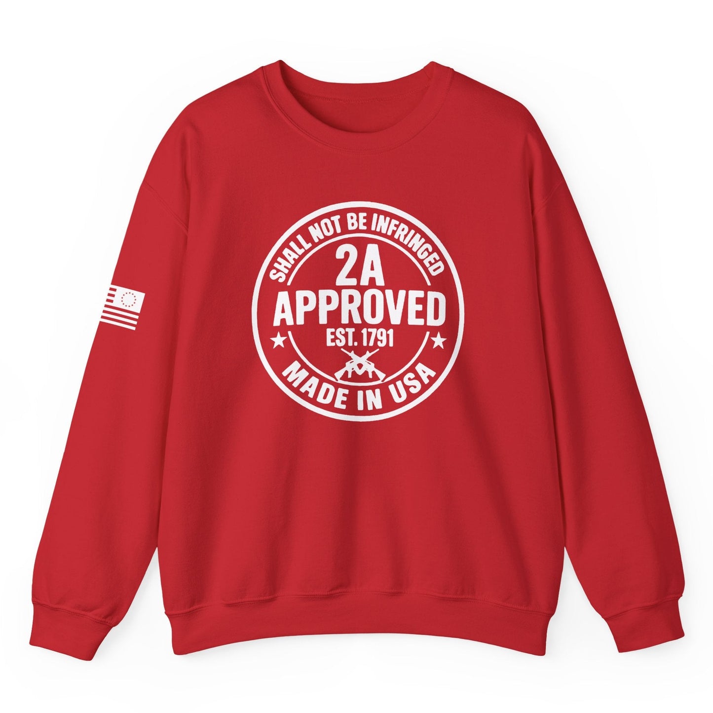 Red crewneck sweatshirt with white 2A Approved Shall Not Be Infringed Made in USA design and sleeve flag detail on white background