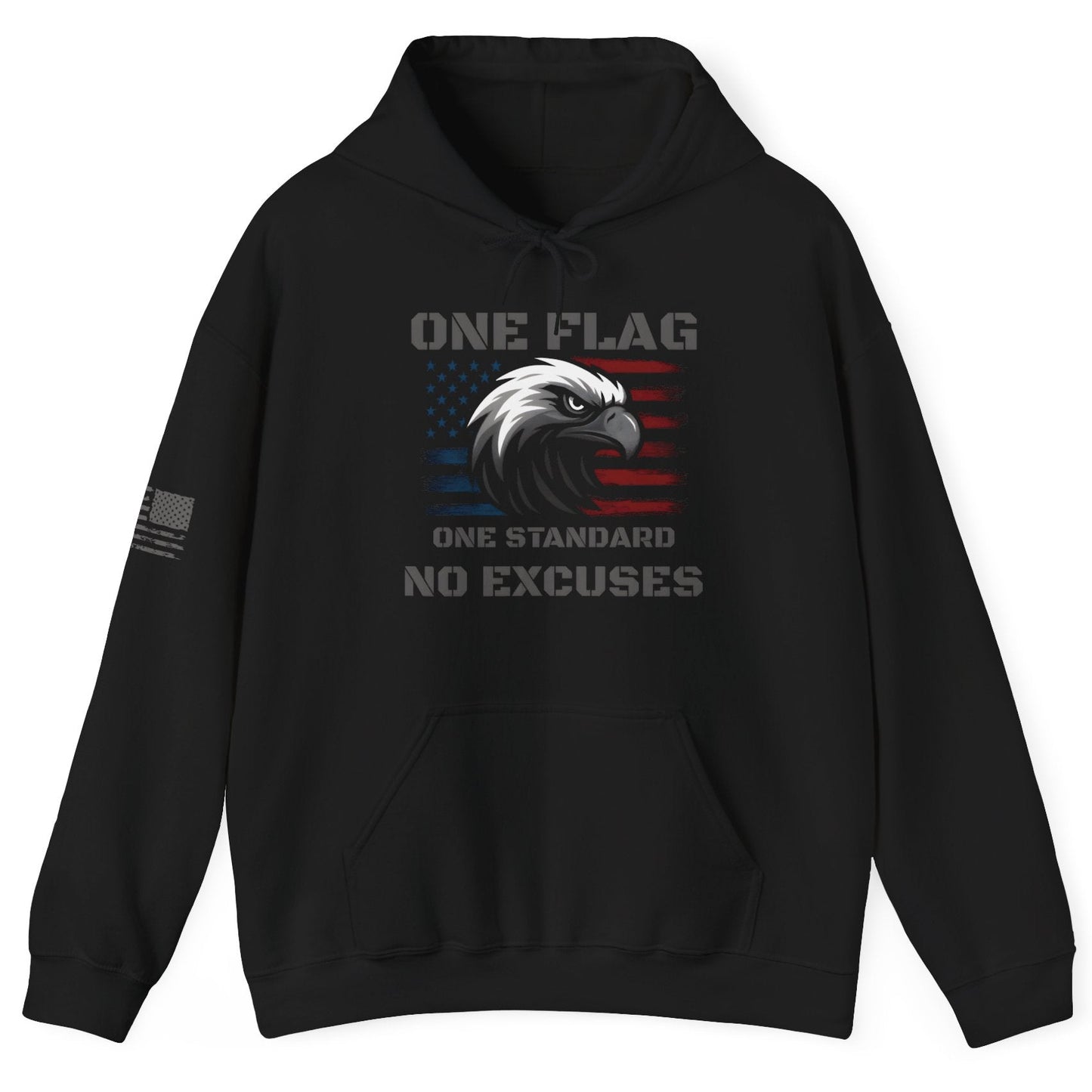 Black unisex pullover hoodie with distressed eagle and American flag graphic on front.