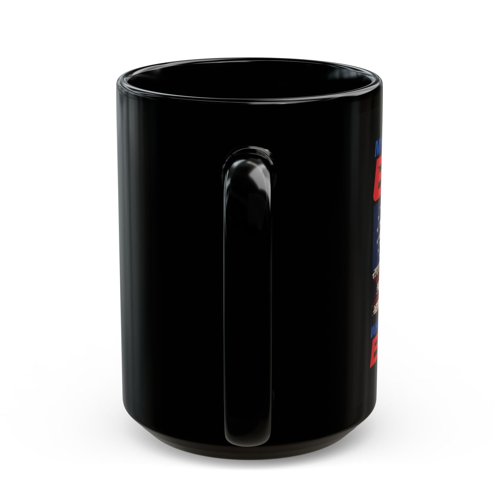 15oz black ceramic mug, back/handle view on a white background.