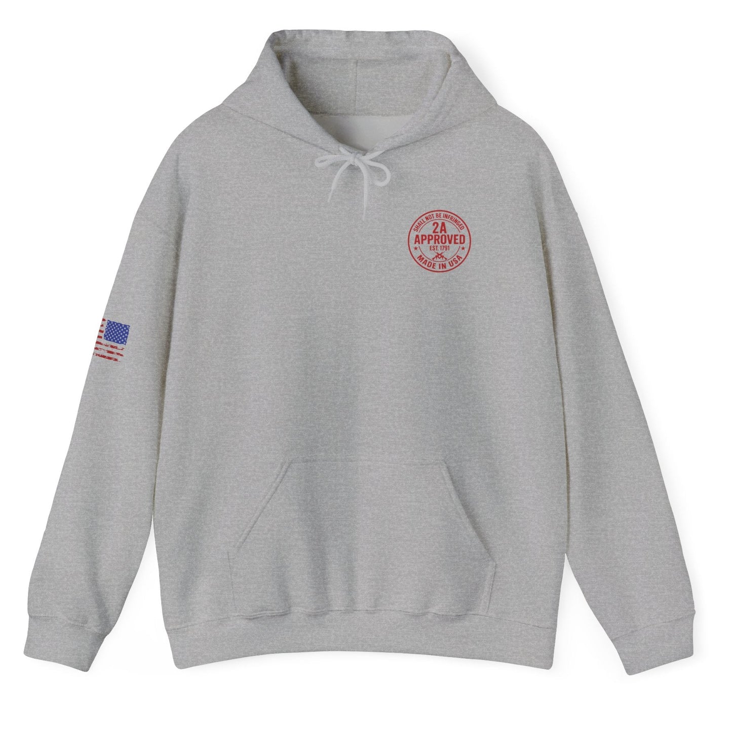Sport Grey unisex hoodie, front view; red circular left-chest emblem and U.S. flag patch on sleeve, white background.