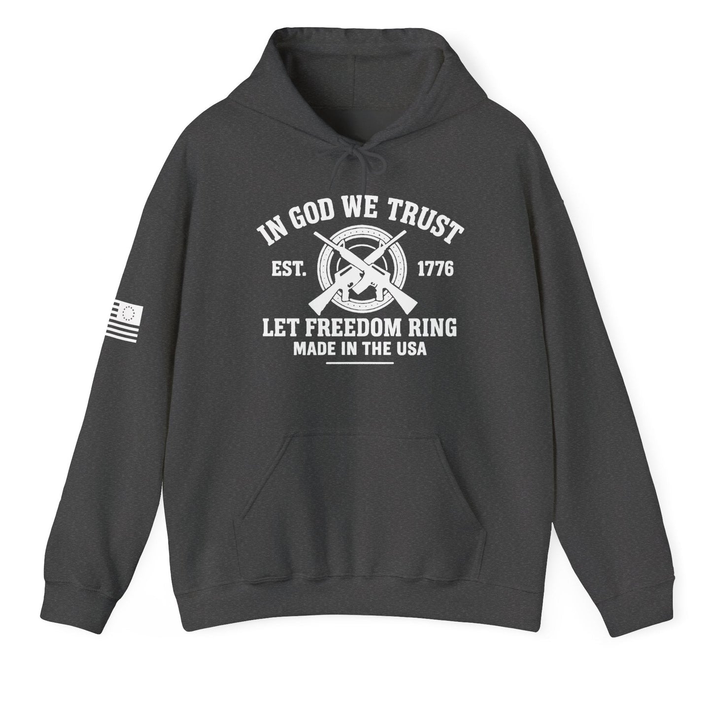 Unisex dark heather grey hoodie with “In God We Trust 1776 Let Freedom Ring” graphic and crossed rifles, front view, flat mockup