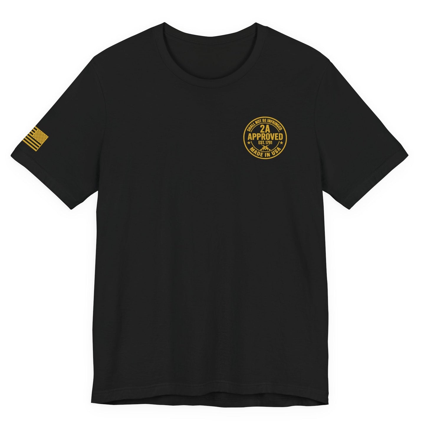 Black short-sleeve T-shirt with small circular ‘2A Approved’ logo on the left chest and a gold American flag patch on the right sleeve, shown on a white background.