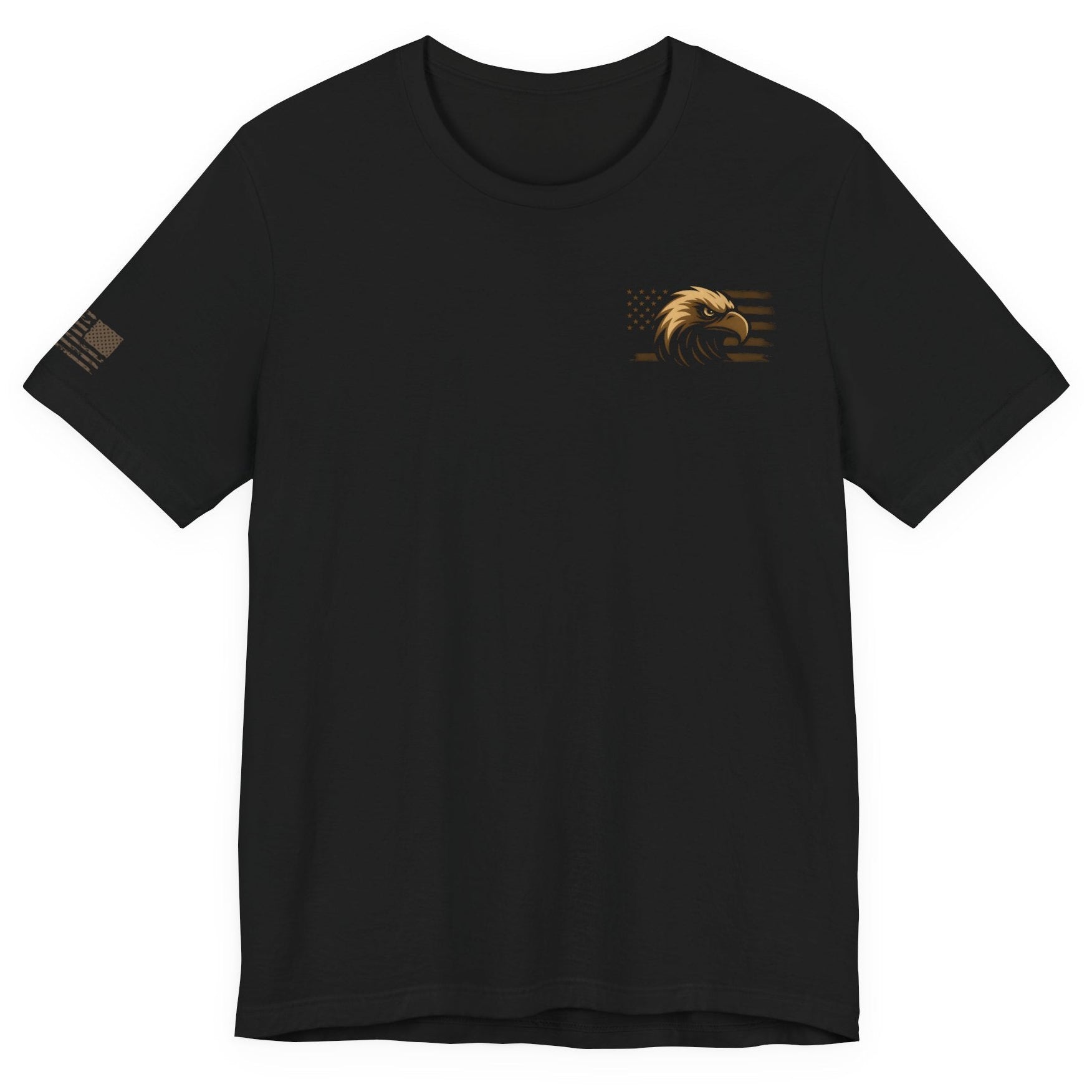 Front of black ‘One Flag One Standard No Excuses’ t-shirt with small bronze eagle and American flag chest print on a white background.