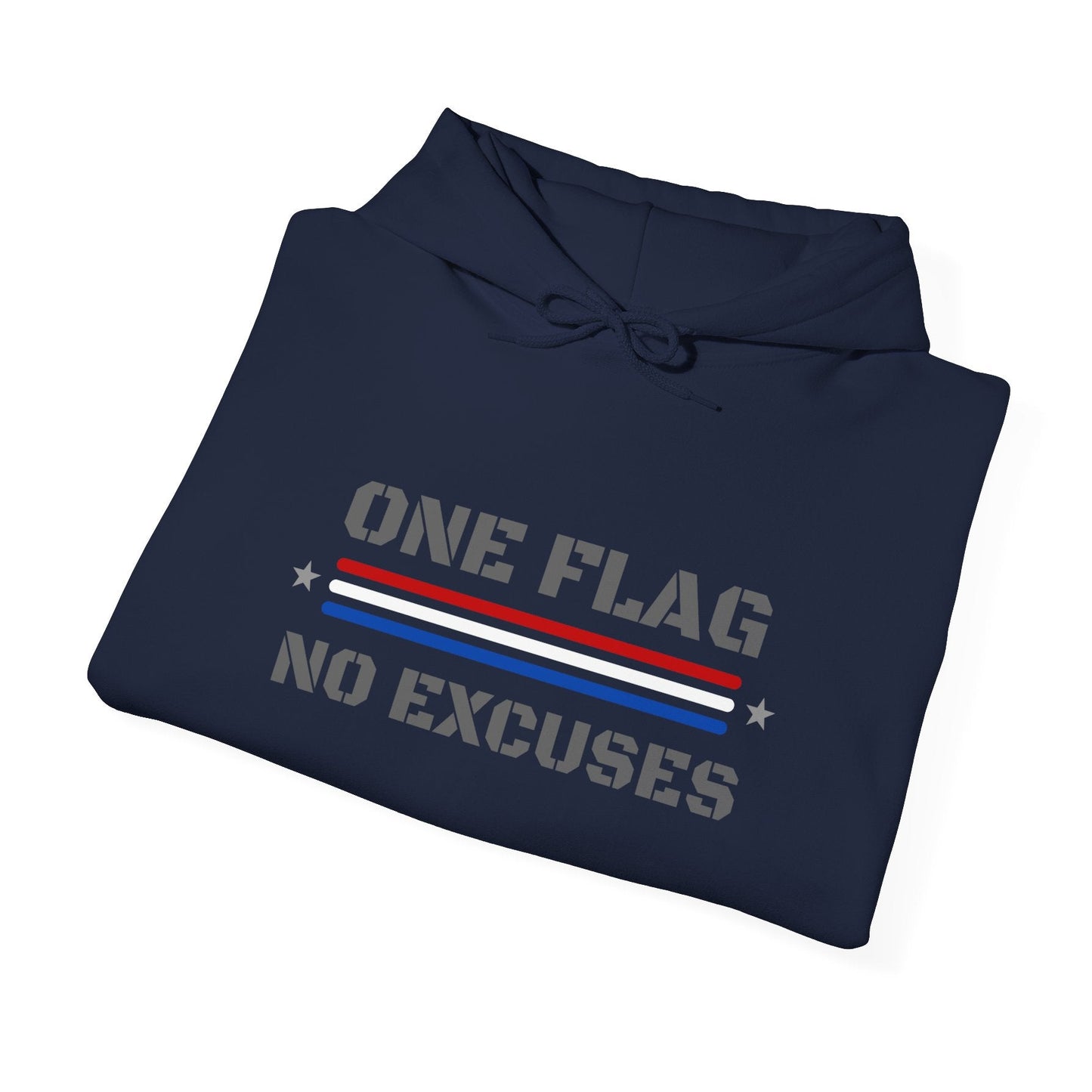 Folded navy blue hoodie with 'One Flag No Excuses' text and stripes on a white background
