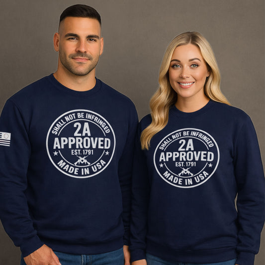 Two people wearing navy blue sweatshirts with '2A Approved' text on a gray background