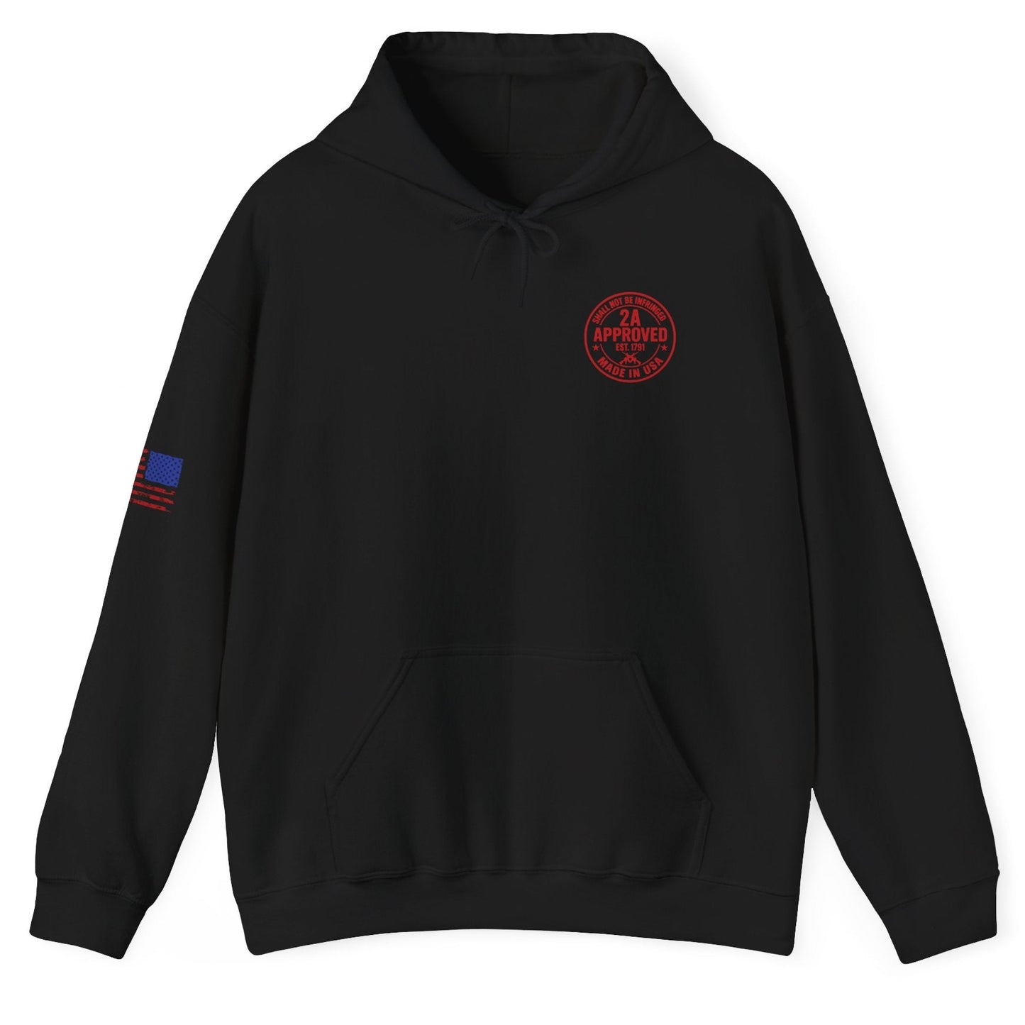 Black unisex hoodie, front view; red circular left-chest emblem and U.S. flag patch on sleeve, white background.