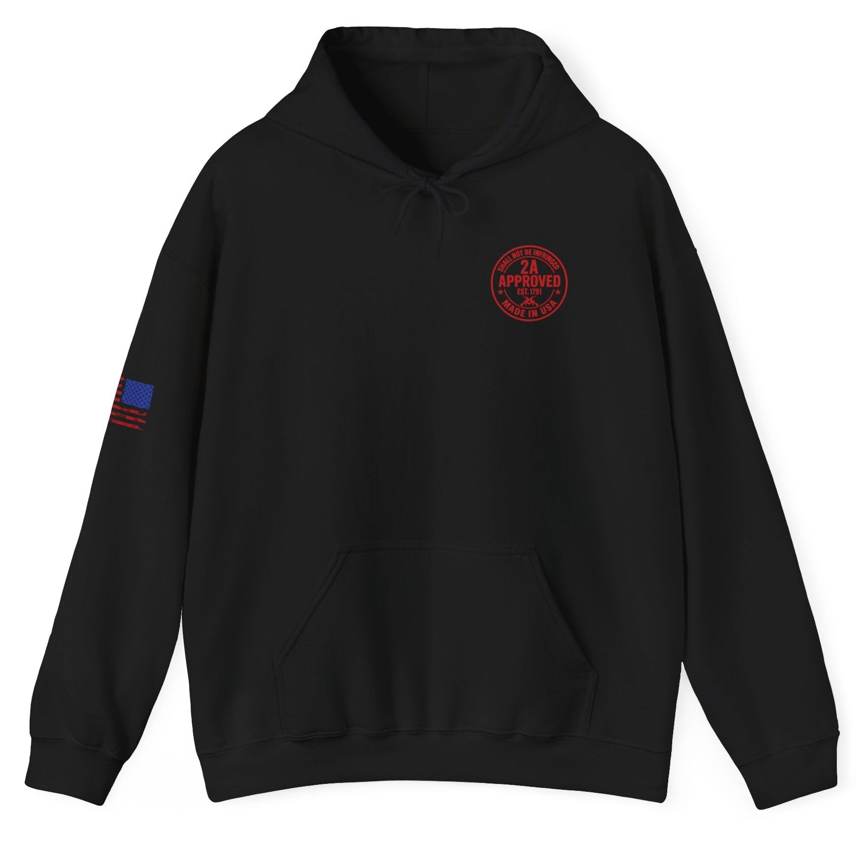 Black unisex hoodie, front view; red circular left-chest emblem and U.S. flag patch on sleeve, white background.