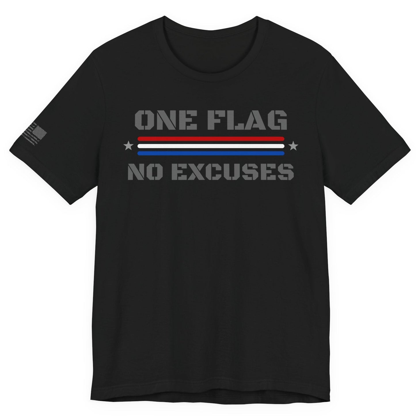 Black t-shirt with 'One Flag No Excuses' text and design on a white background