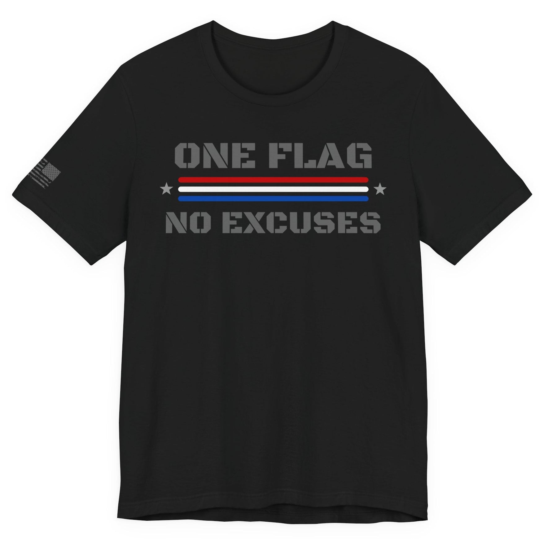 Black t-shirt with 'One Flag No Excuses' text and design on a white background