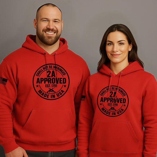 Two models wearing red hoodies with a circular ‘2A Approved’ logo on the front, on a gray background