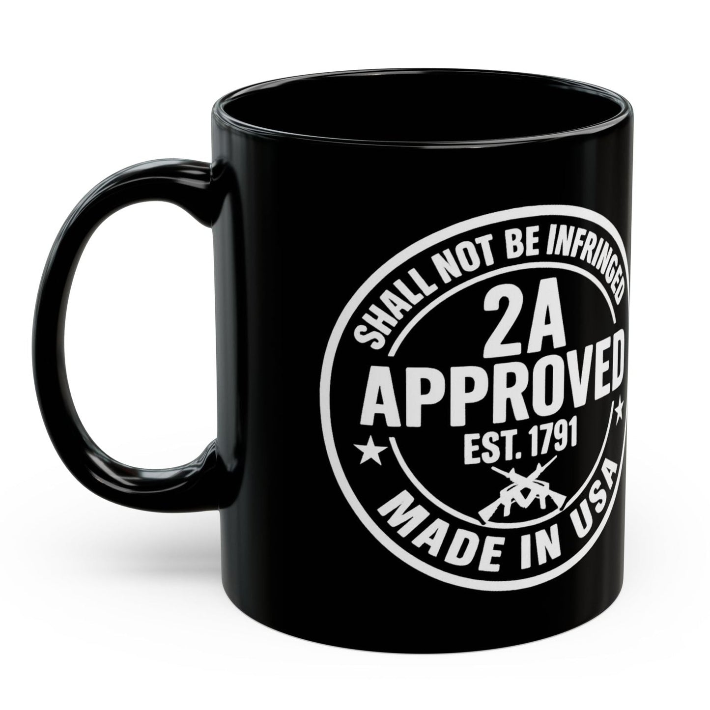 Black ceramic mug with “2A Approved” white design on a white background