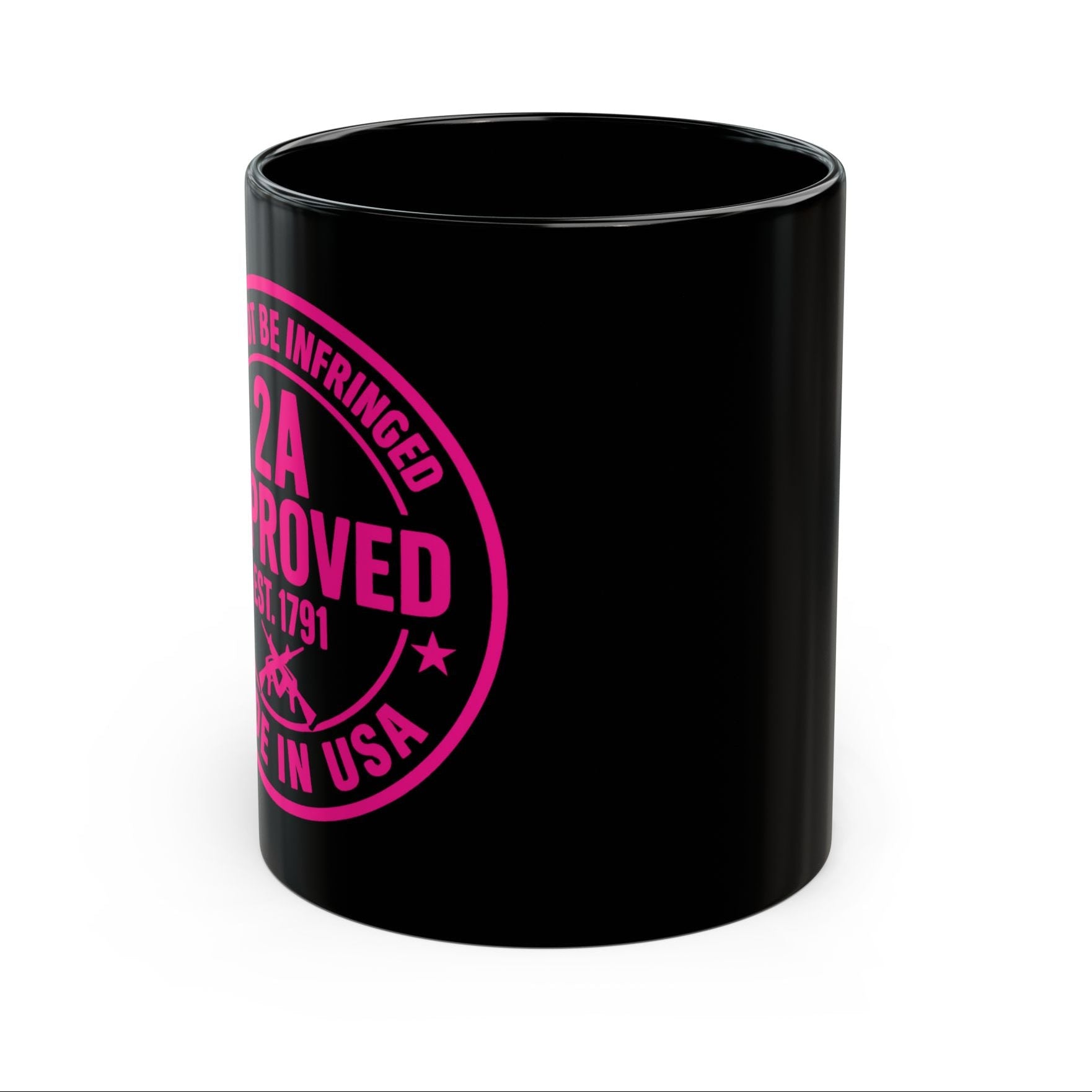 Back view of black ceramic mug with pink “2A Approved” design on a white background