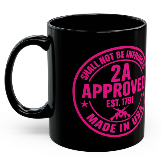 Black ceramic mug with pink “2A Approved” design on a white background