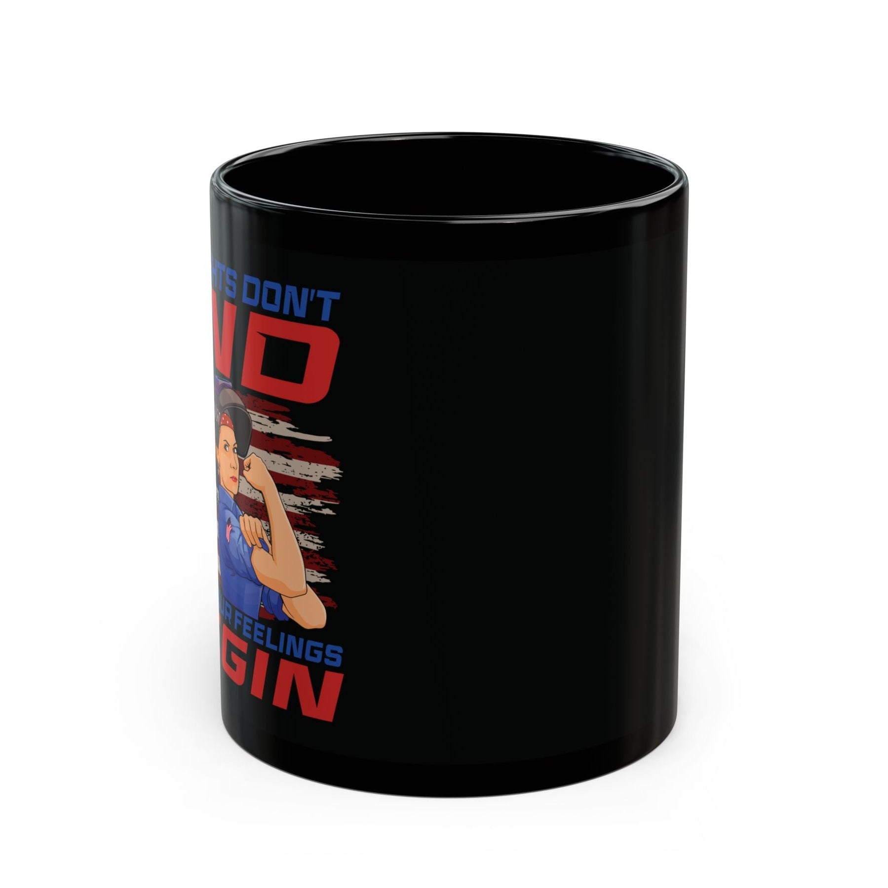 Black ceramic mug with the “MY RIGHTS DON’T END WHERE YOUR FEELINGS BEGIN” design, shown from the side on a white background.