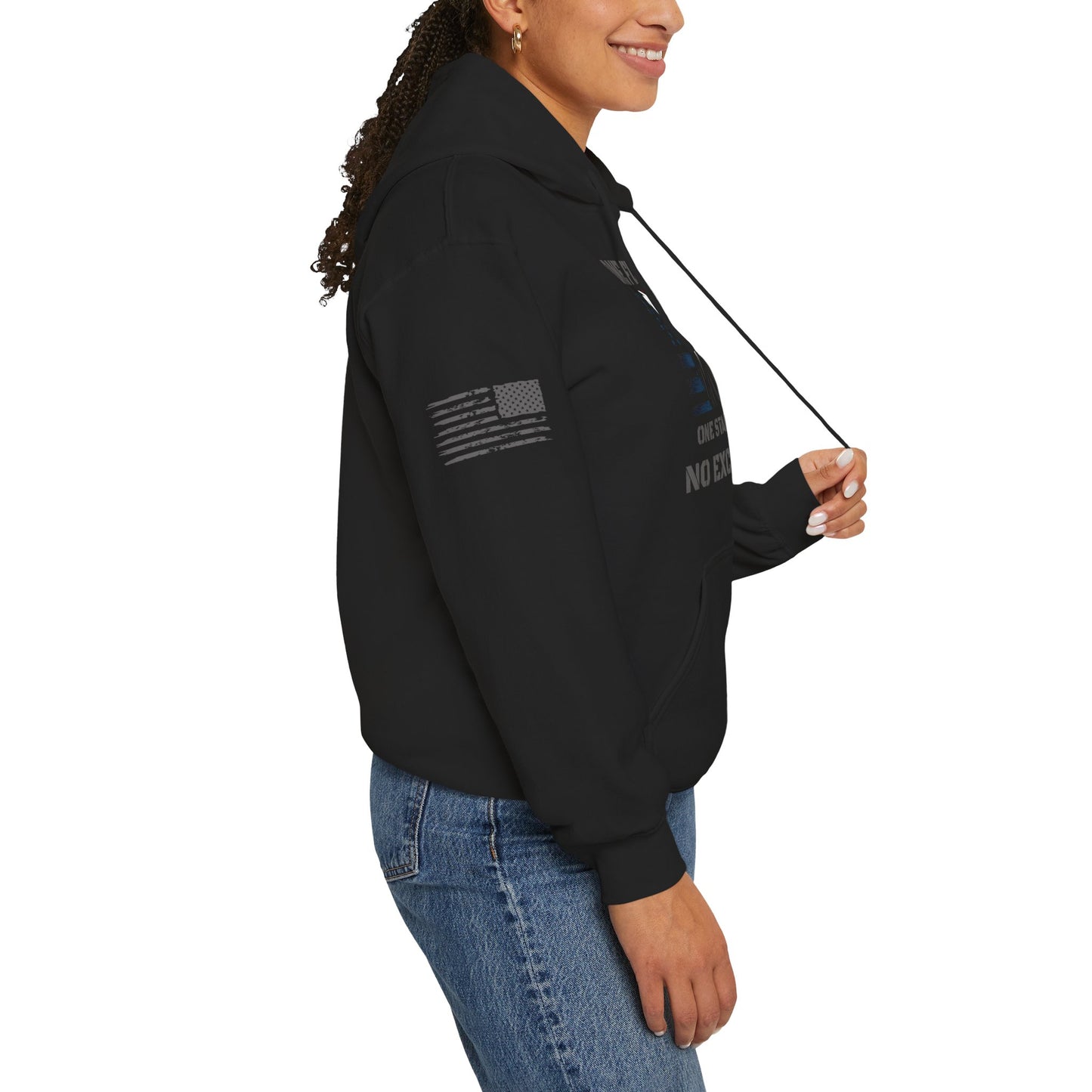 Side view of model wearing black hoodie with American flag sleeve print on white background