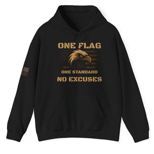 Black ‘One Flag One Standard No Excuses’ hoodie with bronze eagle and American flag graphic on a white background.