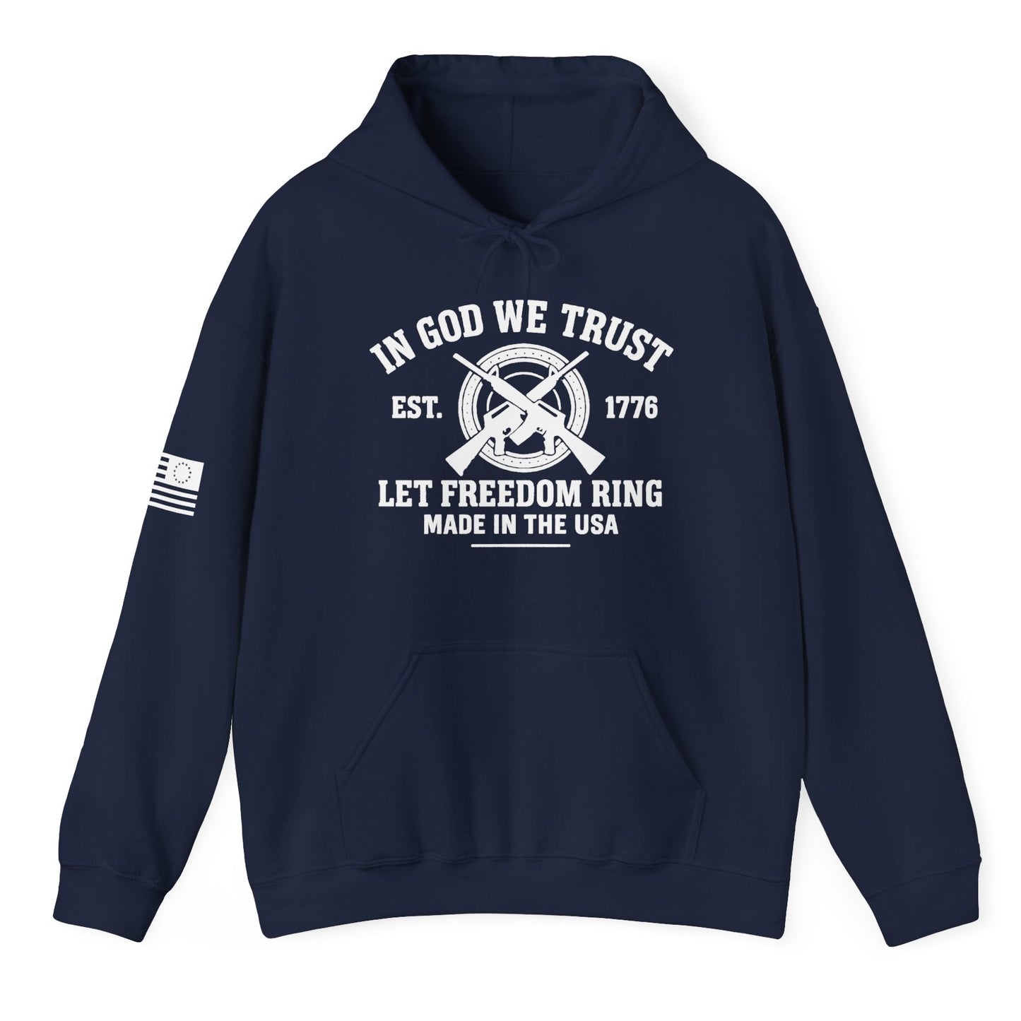 Unisex Navy blue hoodie with “In God We Trust 1776 Let Freedom Ring” graphic and crossed rifles, front view, flat mockup