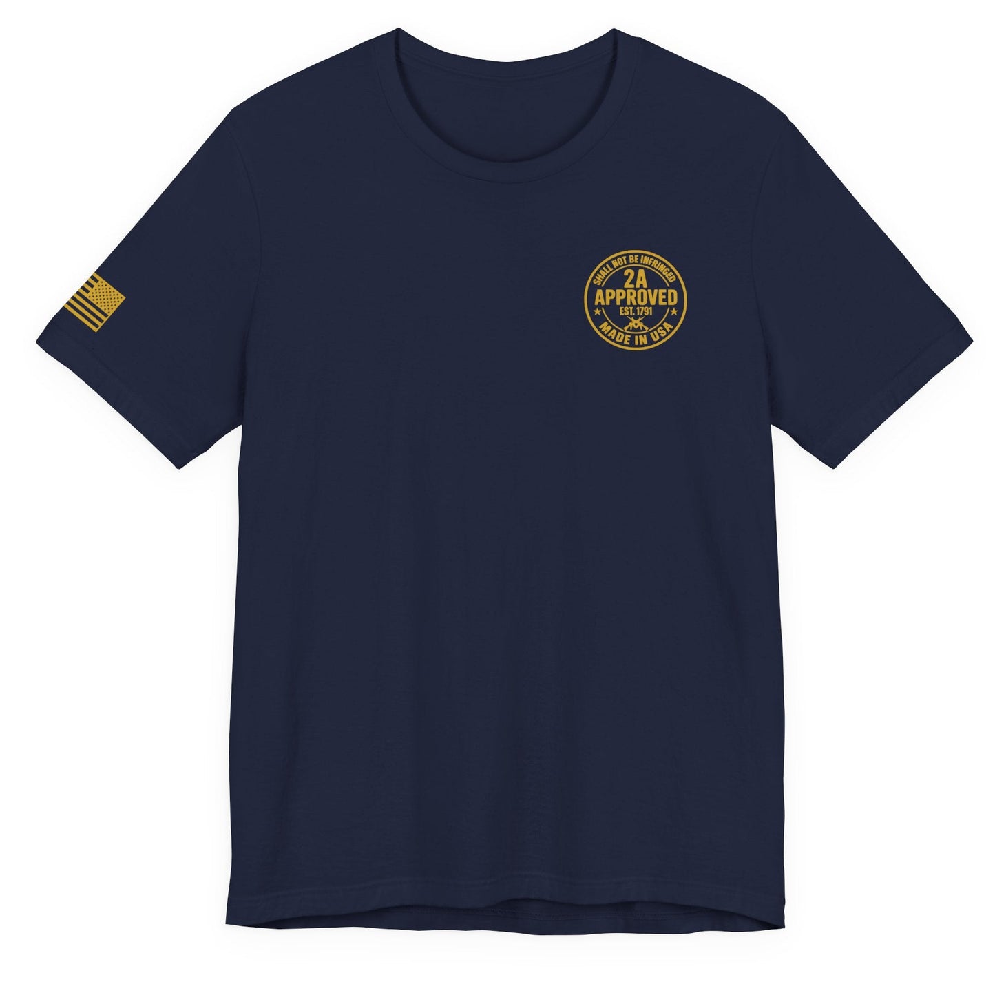 Black short-sleeve T-shirt with small circular ‘2A Approved’ logo on the left chest and a gold American flag patch on the right sleeve, shown on a white background.