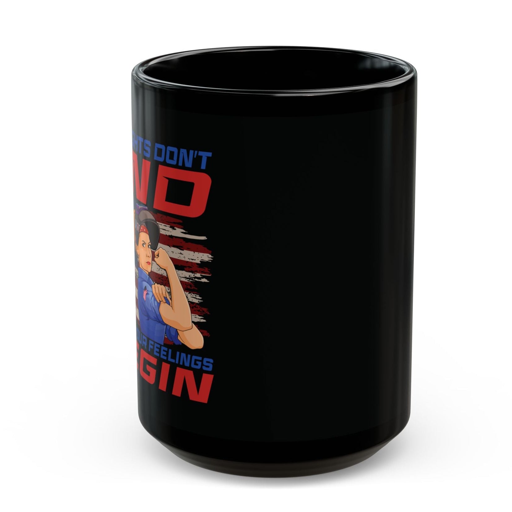 Black ceramic mug, back view on a white background.