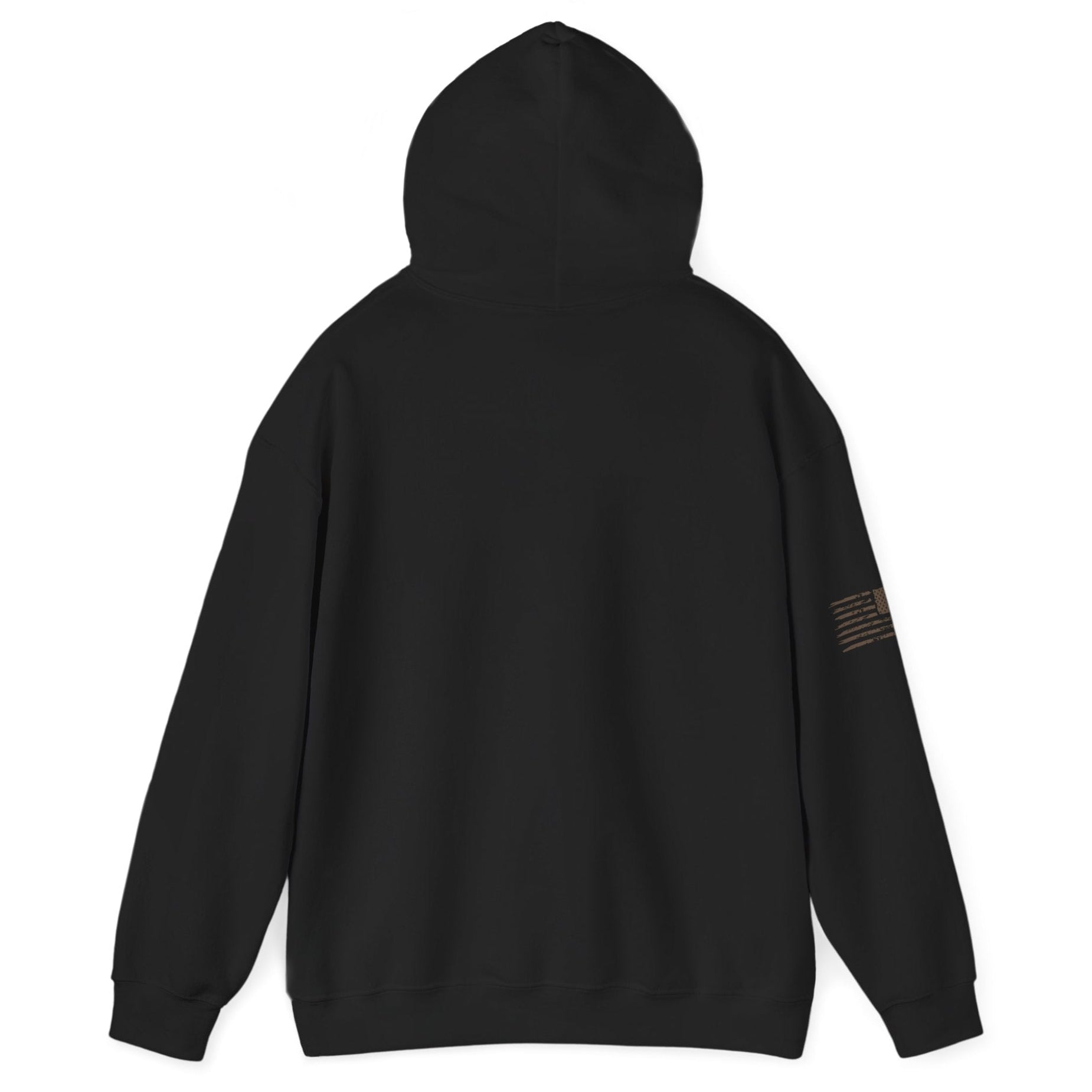 Back of black ‘One Flag One Standard No Excuses’ hoodie with small bronze American flag graphic on the right sleeve, on a white background.