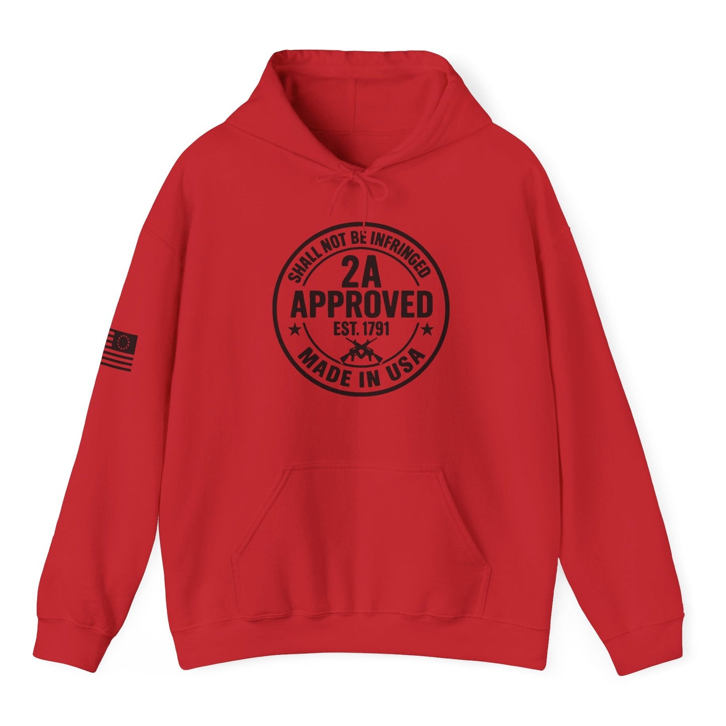 Red unisex pullover hoodie with circular ‘2A Approved’ chest logo on a white background