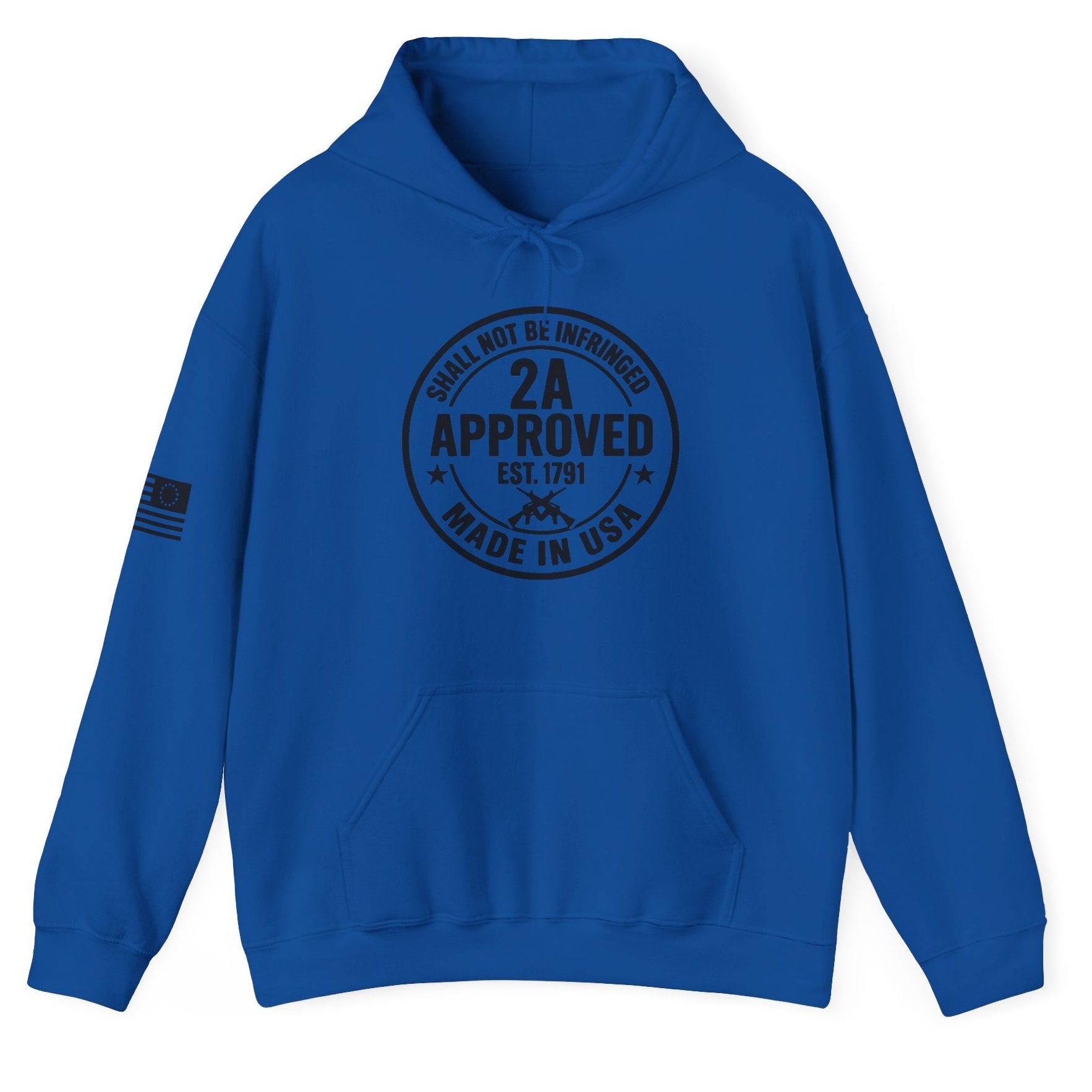 Blue unisex pullover hoodie with circular ‘2A Approved’ chest logo on a white background.