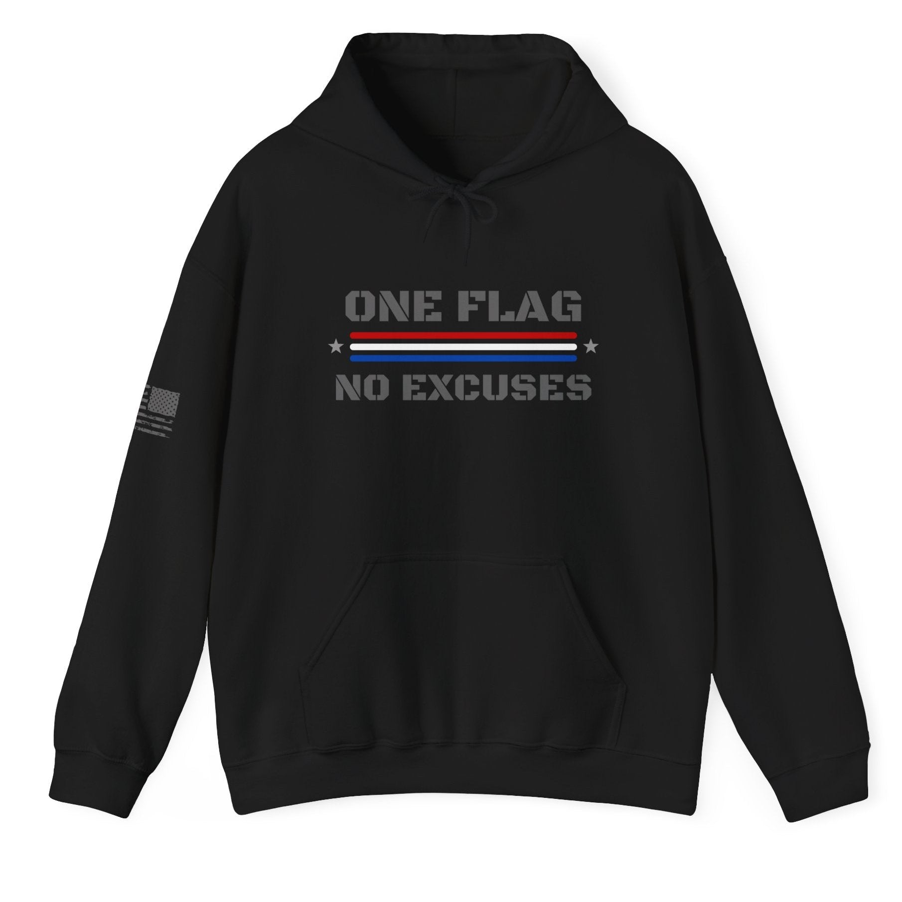Black hoodie with ‘One Flag No Excuses’ text and distressed red, white, and blue flag stripe across the chest, shown on a white background