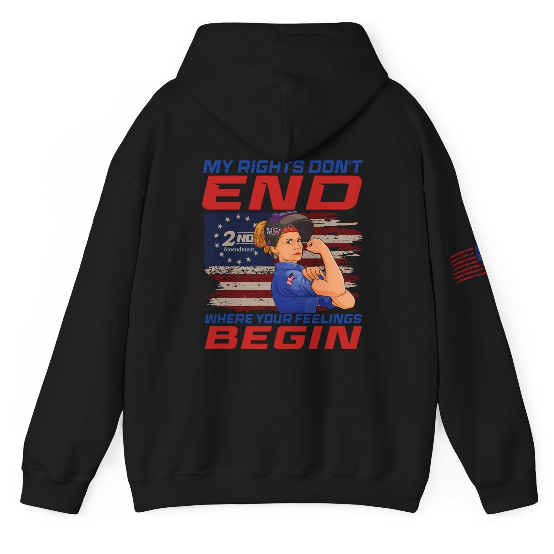 Black unisex hoodie, back view; “My Rights Don’t End Where Your Feelings Begin” graphic with American flag and Rosie-style illustration, white background.