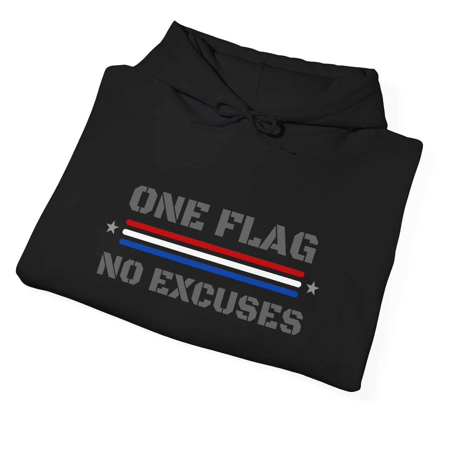 Folded Black hoodie with 'One Flag No Excuses' text and flag design on a white background