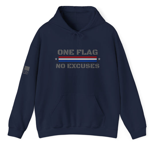 Navy blue hoodie with ‘One Flag No Excuses’ text and distressed red, white, and blue flag stripe across the chest, shown on a white background