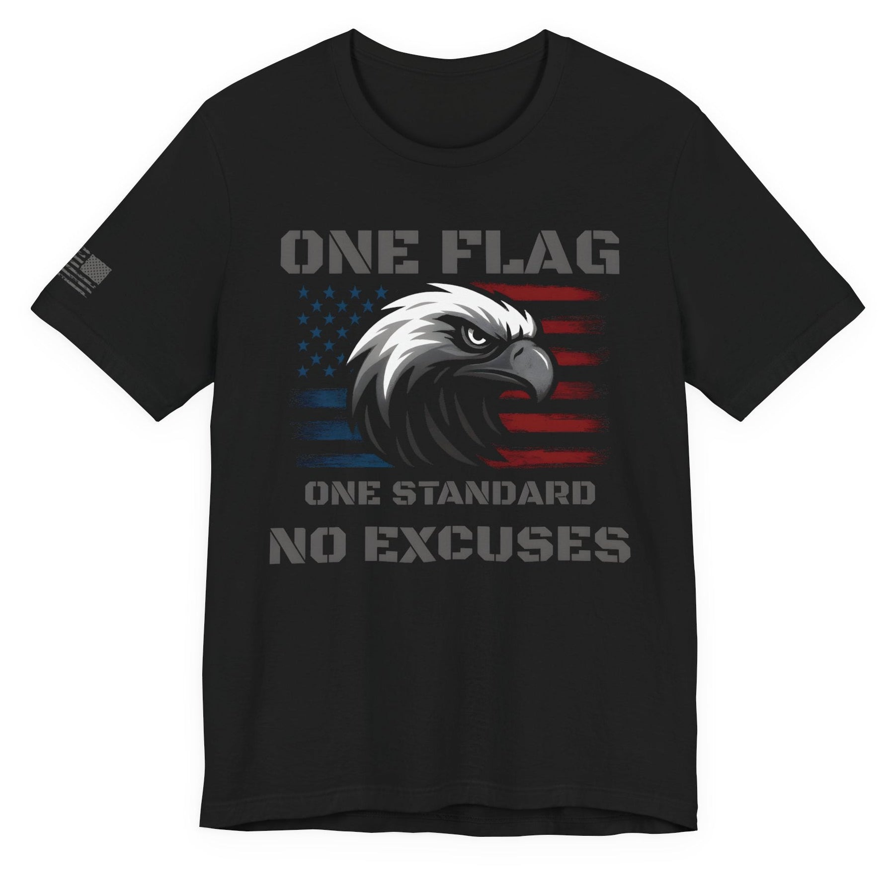 Flat lay of black ‘One Flag One Standard No Excuses’ t-shirt with American flag and eagle graphic and flag on the sleeve, on a white background