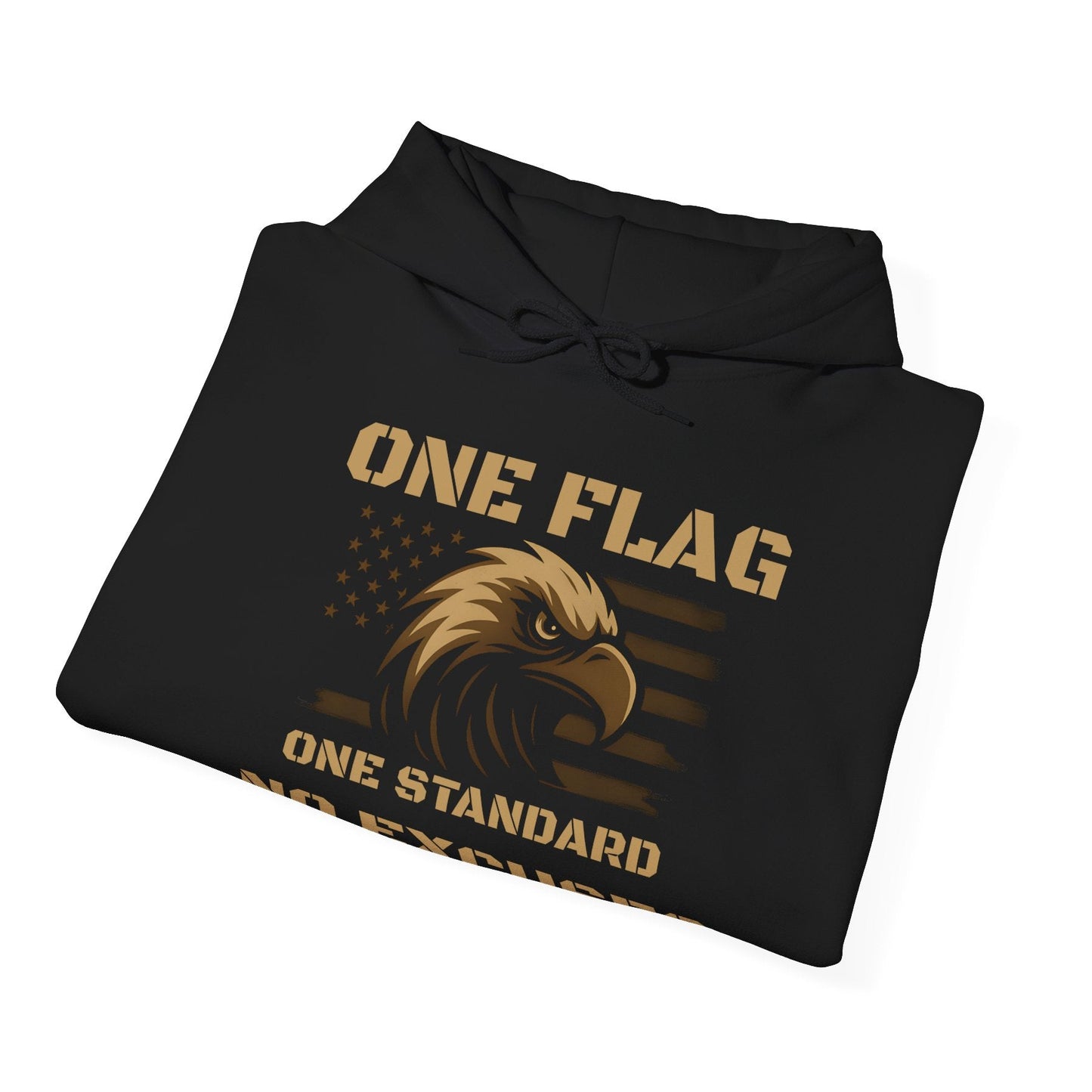 Folded black ‘One Flag One Standard No Excuses’ hoodie with bronze eagle and American flag graphic on the chest, on a white background.