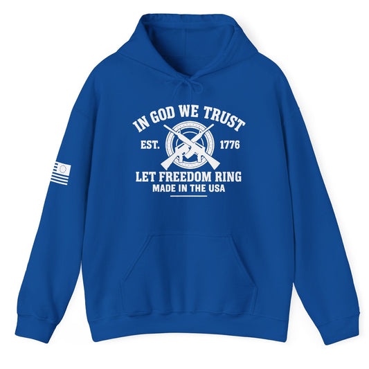 Unisex royal blue hoodie with “In God We Trust 1776 Let Freedom Ring” graphic and crossed rifles, front view, flat mockup