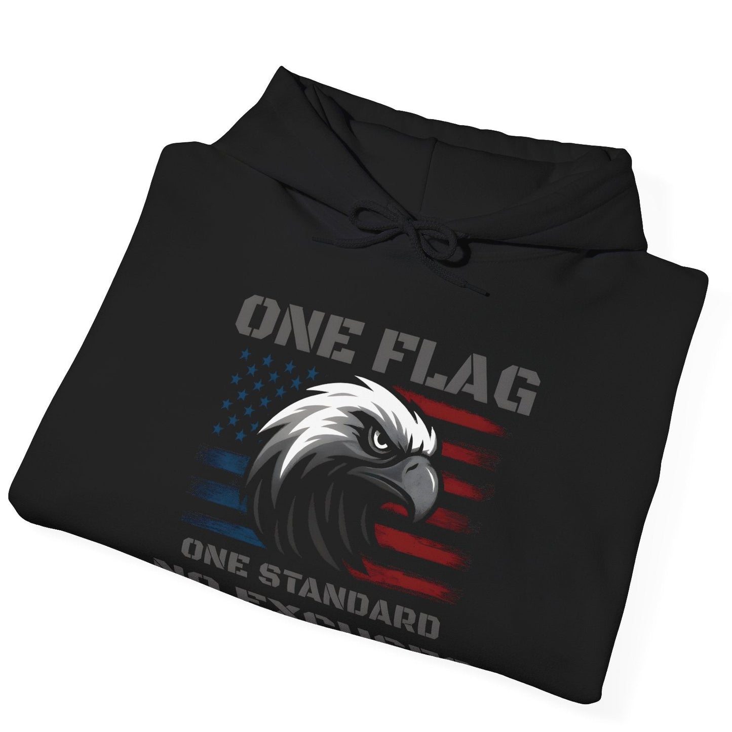 Folded black pullover hoodie with distressed eagle and American flag graphic.
