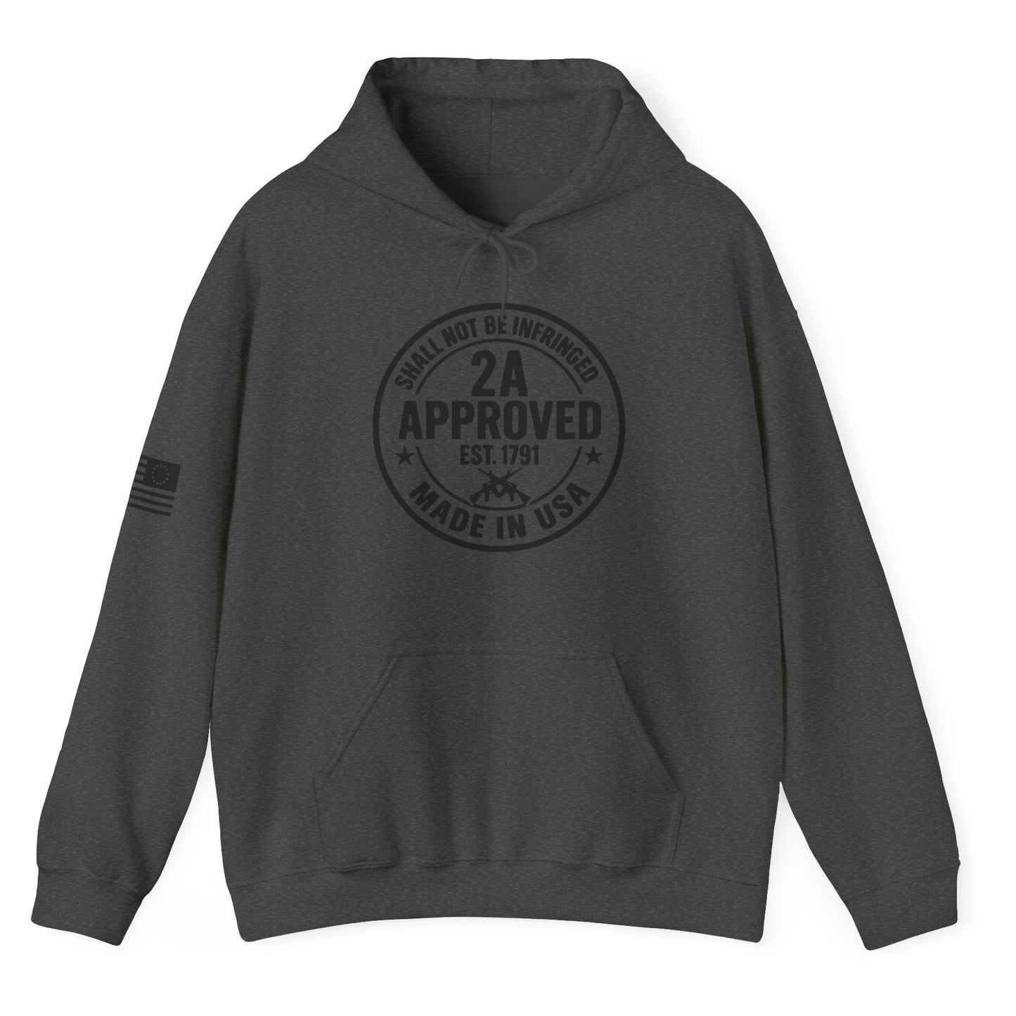 Gray unisex pullover hoodie with circular ‘2A Approved’ chest logo on a white background